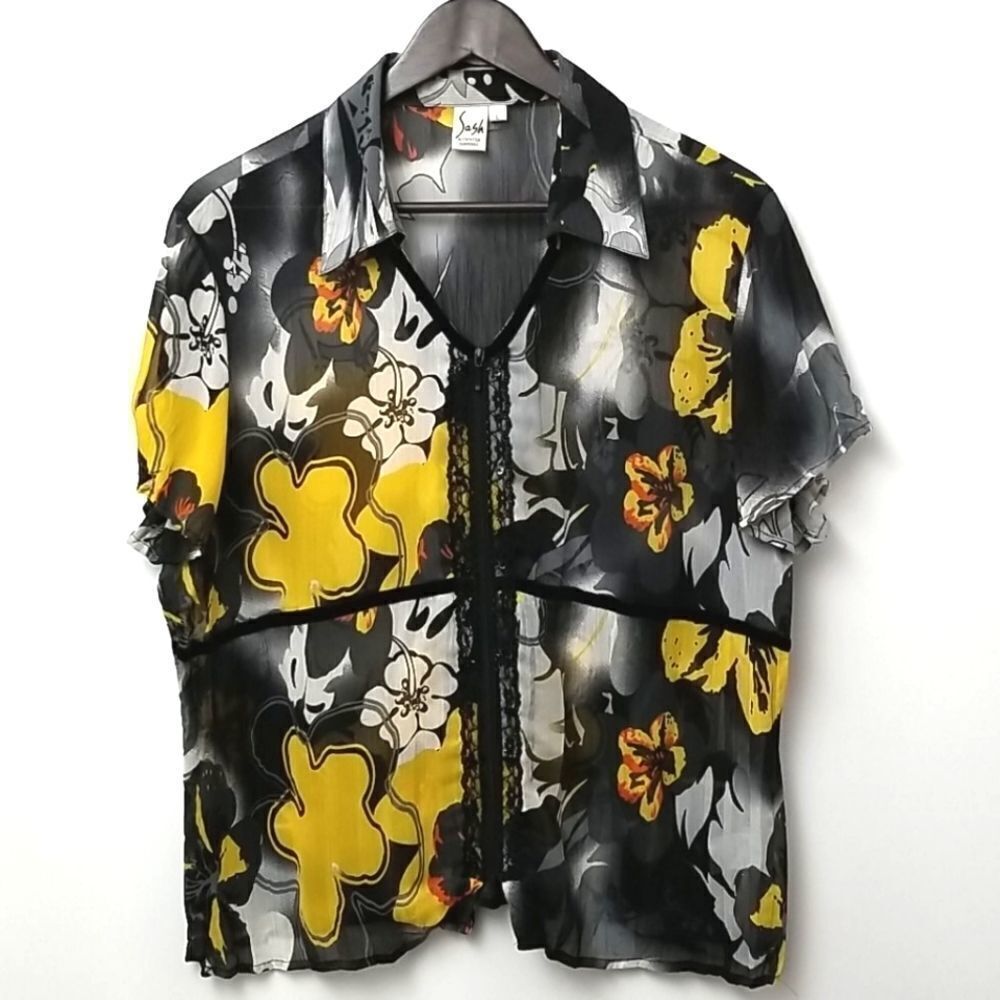 Sash Blouse Womens Large Front Zipper Black Lace Velvet Accents Short Sleeve